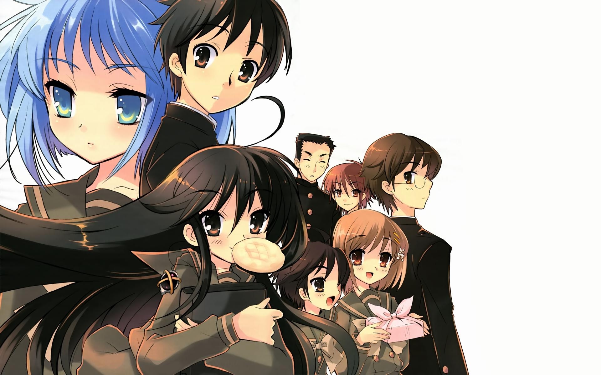 alastor (shakugan no shana), ike hayato, konoe fumina, ogata matake, sakai yuuji, satou keisaku, shana, tanaka eita, yoshida kazumi, shakugan no shana, highres, official art, official wallpaper, 00s, 4boys, 4girls, ahoge, bento, black hair, bread, food, from side, hair between eyes, jewelry, long hair, melon bread, multiple boys, multiple girls, necklace, pendant, school uniform, serafuku, simple background, standing, thick eyebrows, very long hair, white background