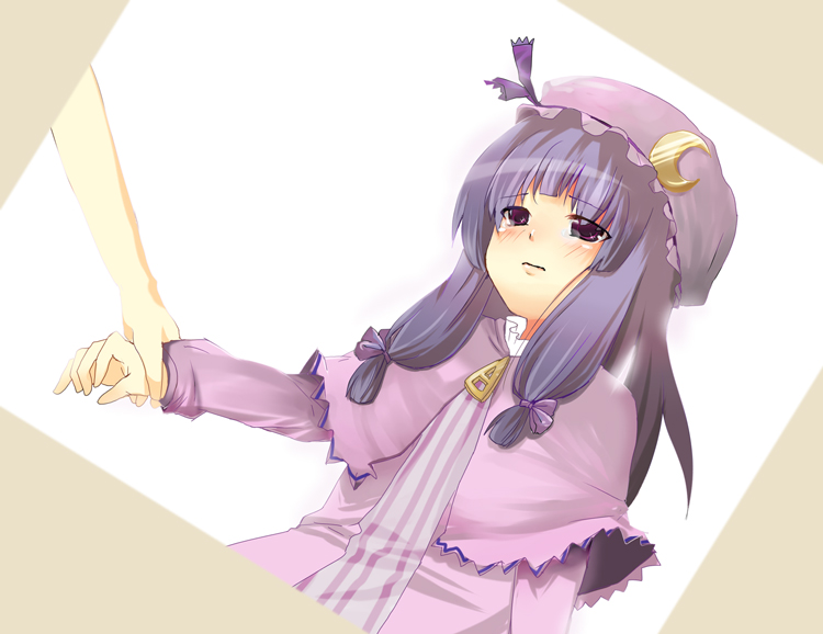 sazame, patchouli knowledge, touhou, 1girl, capelet, crescent, dutch angle, female focus, frills, hat, holding hands, long hair, long sleeves, mob cap, purple eyes, purple hair, solo focus, upper body