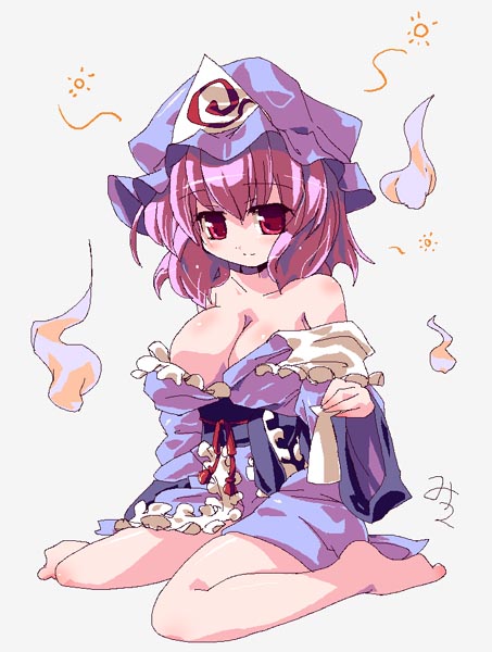 miuku (marine sapphire), saigyouji yuyuko, touhou, 1girl, barefoot, breasts, cleavage, female focus, hat, mob cap, off shoulder, pink eyes, pink hair, solo, split mouth