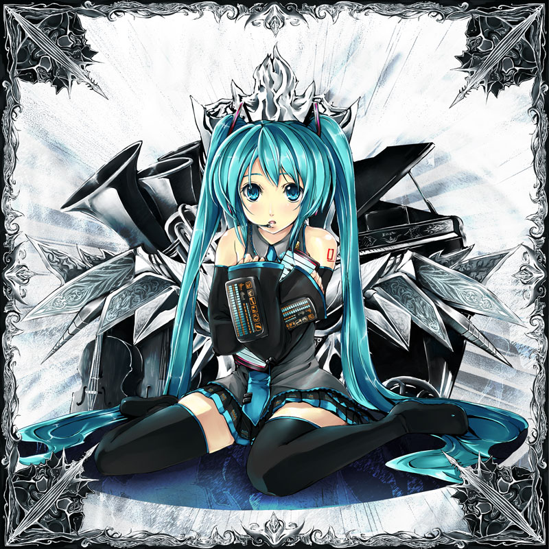 gin'ichi (akacia), ginichi, hatsune miku, vocaloid, 1girl, blush, female focus, green eyes, green hair, long hair, matching hair/eyes, skirt, solo, thighhighs, twintails