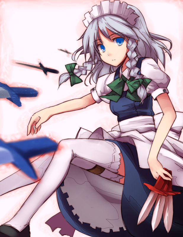 tatsukichi, izayoi sakuya, touhou, 1girl, between fingers, braid, female focus, holding, knife, maid, solo, thighhighs, throwing knife, twin braids, weapon, white thighhighs