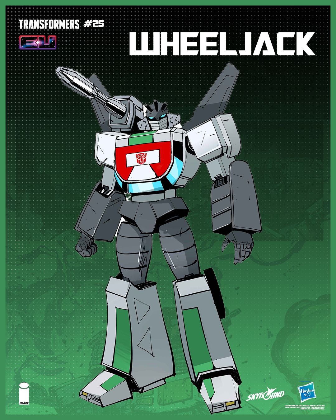 dan mora, wheeljack, transformers, highres, official art, 1boy, autobot, blue eyes, copyright name, humanoid robot, joints, looking at viewer, mechanical arms, mechanical legs, no humans, robot, robot joints, shoulder cannon, solo, transformers (skybound)
