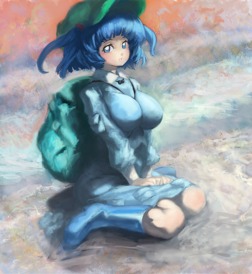 binayu, kawashiro nitori, touhou, 1girl, backpack, bag, blue boots, blue eyes, blue hair, boots, breasts, female focus, hat, huge breasts, large breasts, matching hair/eyes, own hands together, short hair, sitting, solo, two side up, wariza
