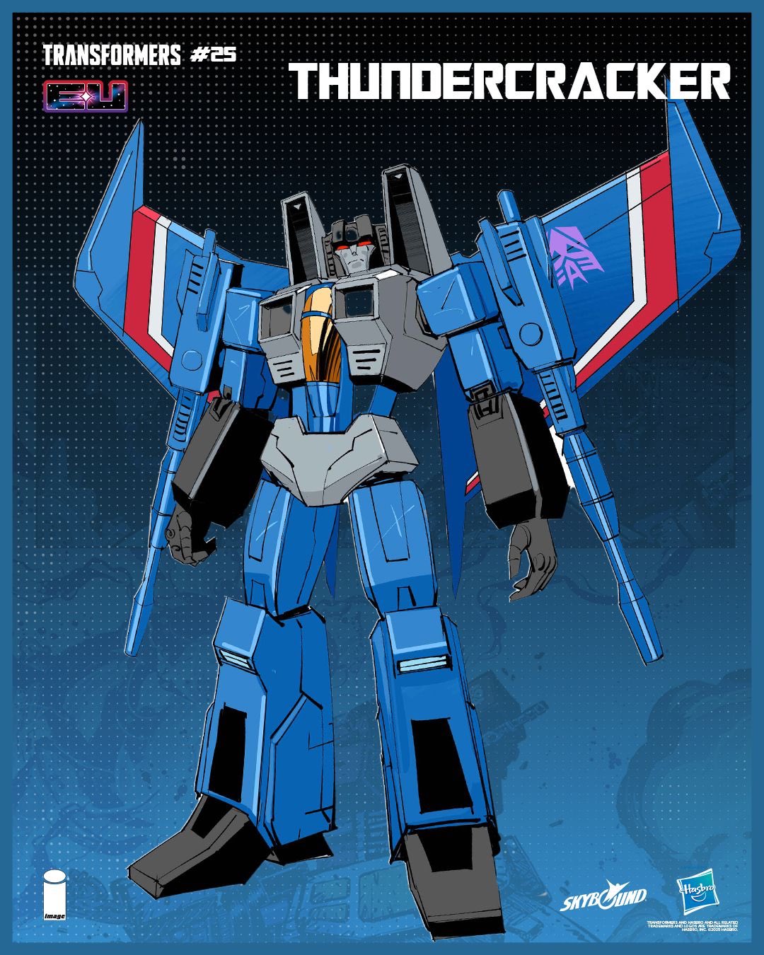 dan mora, thundercracker, transformers, highres, official art, 1boy, arm cannon, copyright name, decepticon, humanoid robot, joints, looking at viewer, mechanical arms, mechanical legs, no humans, red eyes, robot, robot joints, solo, transformers (skybound), weapon, wings