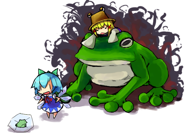 luft (luft dokka), cirno, moriya suwako, touhou, 2girls, aura, chibi, dark aura, female focus, frog, frozen, frozen frog, hat, multiple girls, riding, triangle mouth, | |
