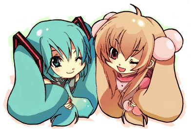 himukai yuusuke, hatsune miku, kokonoe rin, kodomo no jikan, vocaloid, bad id, bad pixiv id, lowres, 00s, 2girls, aqua hair, blush, child, crossover, hair bobbles, hair ornament, long hair, look-alike, multiple girls, necktie, one eye closed, symmetry, twintails, wink