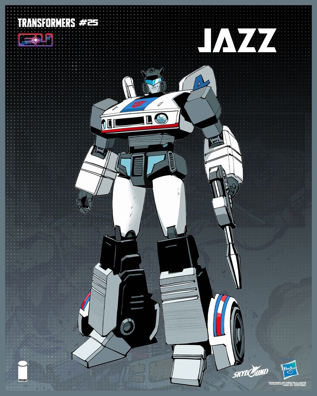 dan mora, jazz (transformers), transformers, highres, official art, 1boy, autobot, blue eyes, copyright name, grin, gun, holding, holding gun, holding weapon, humanoid robot, joints, looking at viewer, mechanical arms, mechanical legs, no humans, robot, robot joints, smile, solo, transformers (skybound), weapon