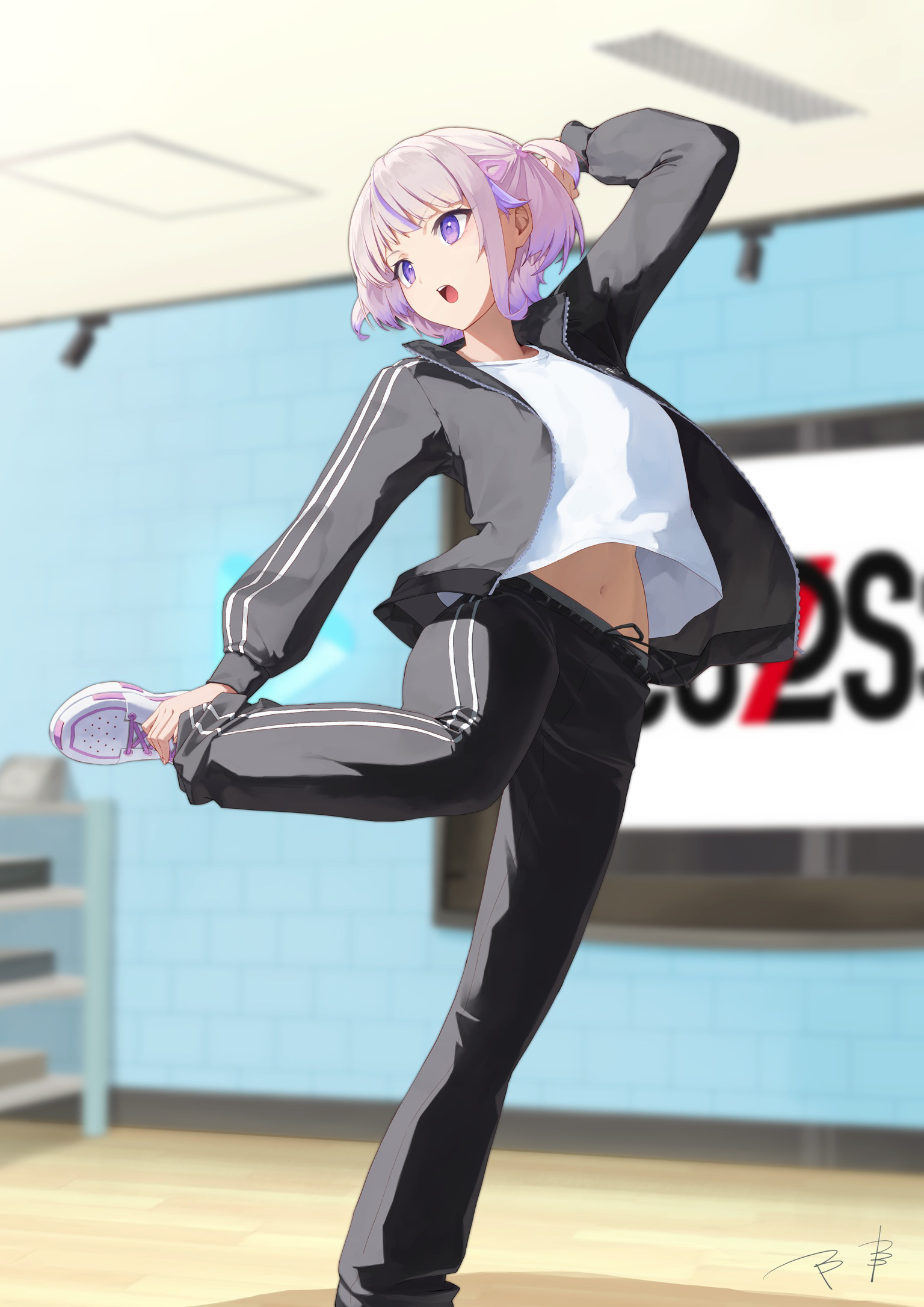 makimaki makky7, todoroki hajime, hololive, hololive dev is, commentary, highres, 1girl, arm up, blonde hair, dance studio, dancing, hand on own ankle, indoors, jacket, multicolored hair, navel, open mouth, pants, purple eyes, purple hair, shirt, short hair, solo, standing, standing on one leg, streaked hair, track jacket, track pants, two side up, virtual youtuber, white shirt