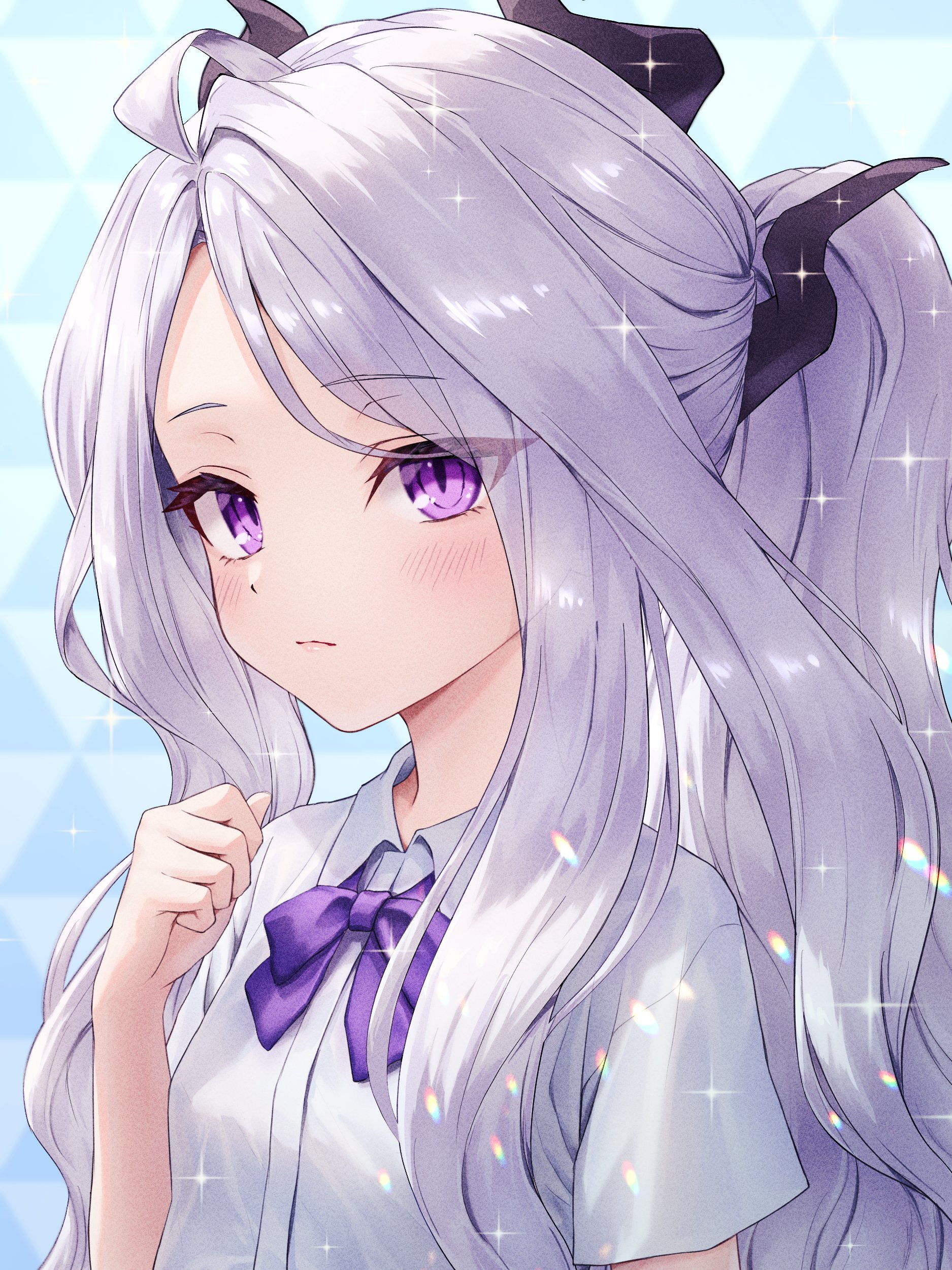 ekura28, hina (blue archive), blue archive, absurdres, highres, 1girl, ahoge, breasts, demon girl, demon horns, horns, long hair, looking at viewer, purple eyes, small breasts, solo, very long hair, white hair