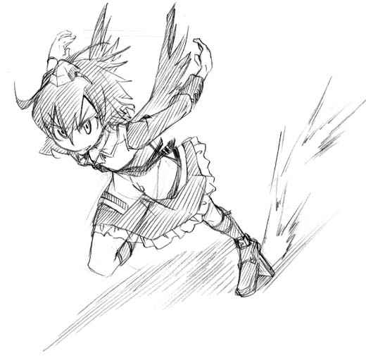 hikawa shou, shameimaru aya, touhou, looking away, 1girl, female focus, geta, greyscale, hat, monochrome, running, sketch, solo, tengu-geta