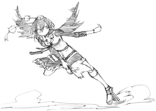 hikawa shou, shameimaru aya, touhou, looking away, 1girl, black wings, female focus, geta, greyscale, hand fan, hat, monochrome, outstretched leg, running, sketch, smoke, solo, tengu-geta, wings