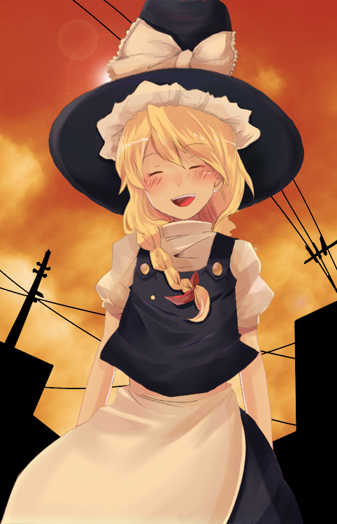 sazame, kirisame marisa, touhou, ^o^, eyebrows, 1girl, ^ ^, apron, black hat, black skirt, black vest, blonde hair, blush, bow, braid, building, closed eyes, female focus, hair bow, hat, hat bow, long hair, orange sky, outdoors, power lines, red bow, shirt, short sleeves, single braid, skirt, sky, smile, solo, swept bangs, twilight, utility pole, vest, waist apron, white apron, white bow, white shirt, witch hat