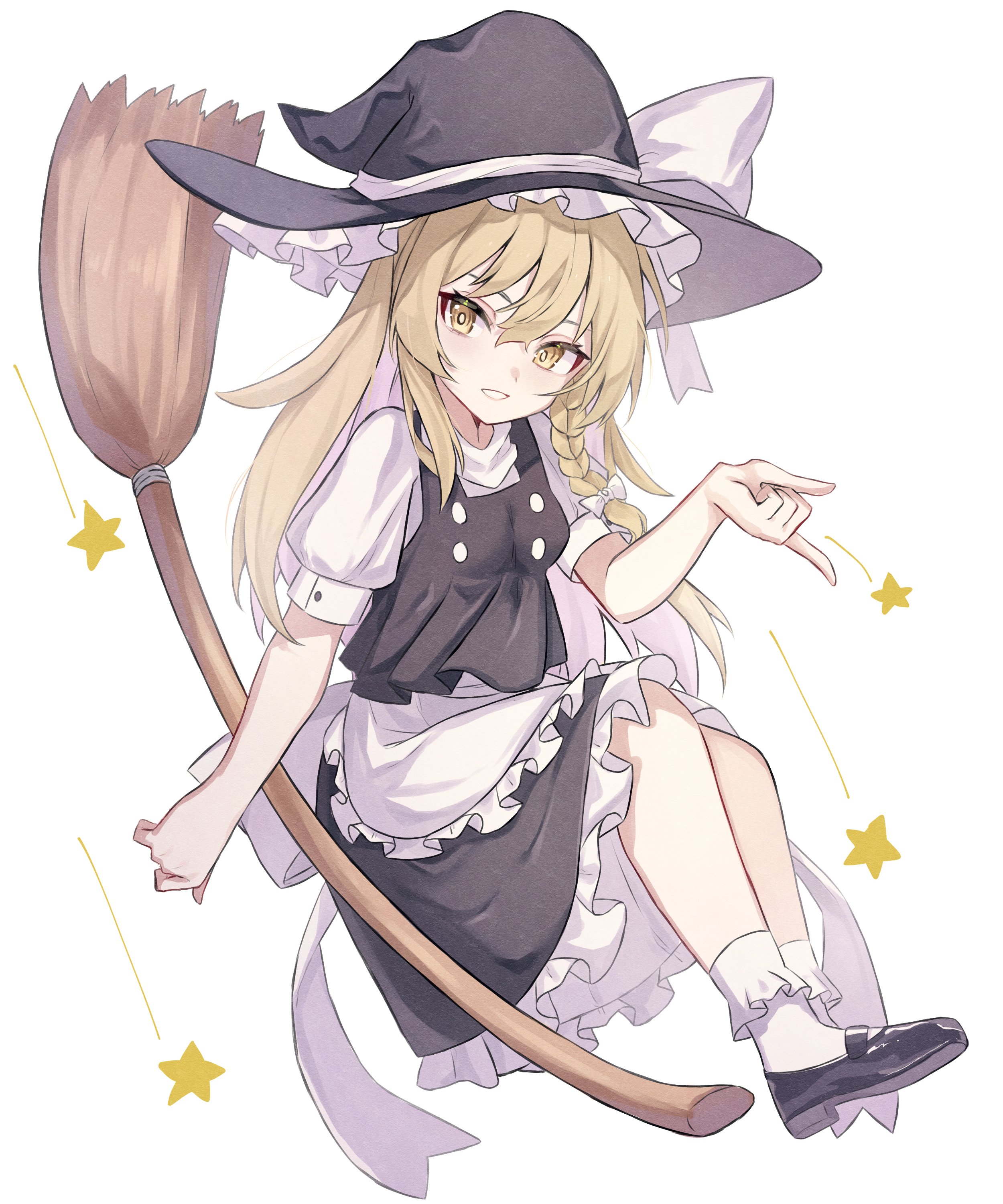 katsukare, kirisame marisa, touhou, absurdres, highres, 1girl, black hat, black shoes, black skirt, black vest, breasts, broom, buttons, full body, grin, hair between eyes, hand up, hat, long hair, looking at viewer, shirt, shoes, simple background, skirt, small breasts, smile, socks, solo, star (symbol), teeth, vest, white background, white shirt, white socks, witch, witch hat, yellow eyes