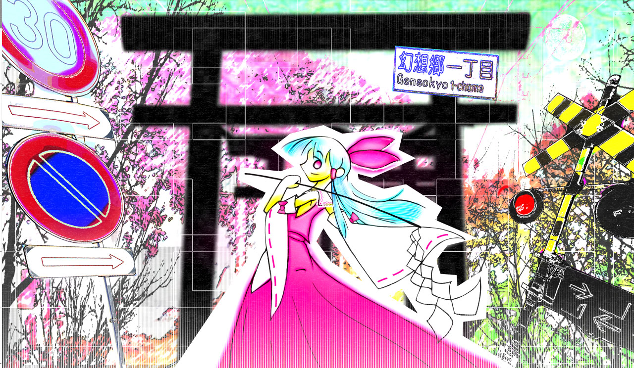 kiriumi, hakurei reimu, touhou, 1girl, blue hair, bow, detached sleeves, female focus, gohei, hair bow, hair tubes, japanese clothes, miko, purple eyes, railroad crossing, road sign, sign, solo, torii