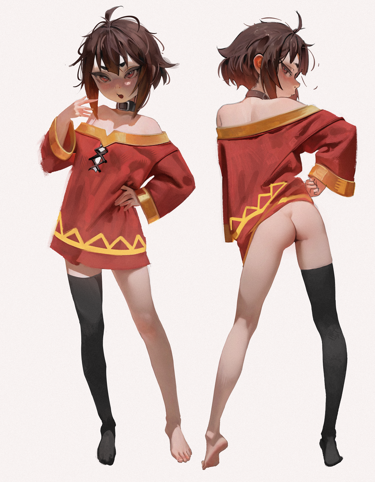 yoko-chan (mijizukeyoko), megumin, kono subarashii sekai ni shukufuku wo!, highres, tagme, 1girl, ass, barefoot, brown hair, collar, collarbone, dress, long sleeves, looking at viewer, looking back, multiple views, off-shoulder dress, off shoulder, red eyes, short dress, short hair with long locks, single thighhigh, standing, thighhighs, white background