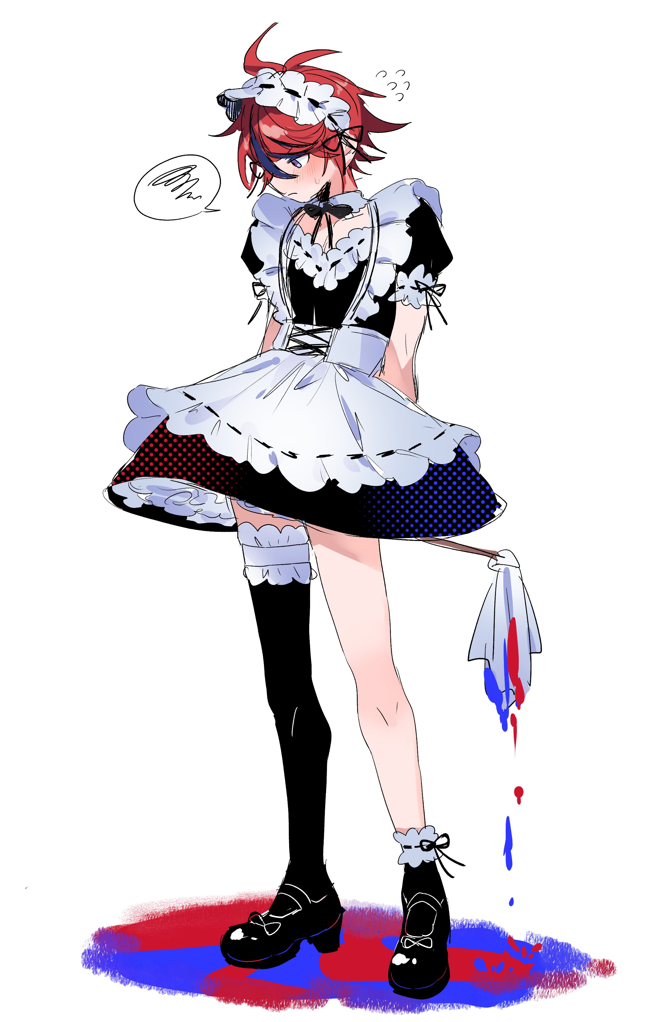 sumino takumi, the hundred line -last defense academy-, absurdres, commentary, highres, 1boy, ahoge, alternate costume, apron, asymmetrical legwear, black bow, black bowtie, black dress, black shoes, black socks, black thighhighs, blue eyes, blue hair, bow, bowtie, crossdressing, crossdressing (mtf), detached collar, dress, enmaided, flying sweatdrops, full body, hugen yugen, maid, maid headdress, male focus, male maid, mary janes, multicolored hair, petticoat, puffy short sleeves, puffy sleeves, red hair, shoes, short dress, short hair, short sleeves, single thighhigh, socks, solo, speech bubble, spoken squiggle, squiggle, streaked hair, thighhighs, two-tone hair, white apron