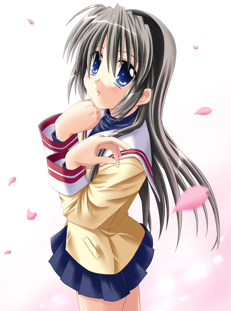 otoki raku, sakagami tomoyo, clannad, 00s, 1girl, blazer, blue eyes, blue skirt, blush, female focus, hairband, jacket, long sleeves, looking at viewer, miniskirt, petals, pleated skirt, sailor collar, school uniform, serafuku, skirt, solo, standing, tareme