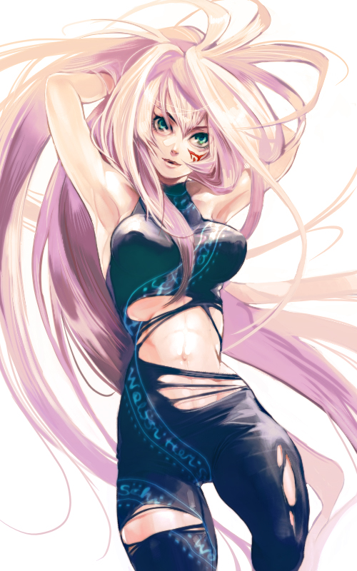 piyo, pixiv fantasia, pixiv fantasia 1, 1girl, female focus, green eyes, midriff, solo, torn clothes