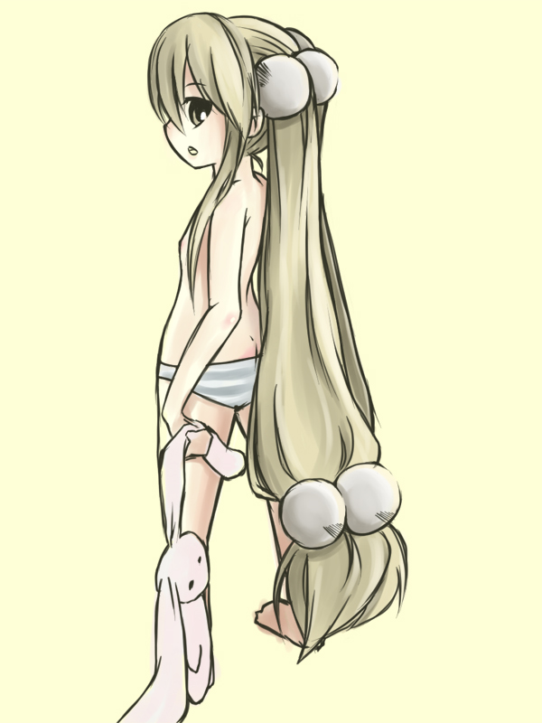 tsumutsumu, kokonoe rin, kodomo no jikan, bad id, bad pixiv id, 00s, 1girl, capsella, female focus, hair bobbles, hair ornament, loli, long hair, panties, solo, striped clothes, striped panties, stuffed animal, stuffed rabbit, stuffed toy, topless female, twintails, underwear, very long hair