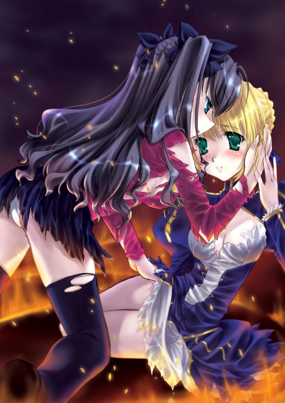 hinohino, artoria pendragon (fate), saber (fate), tohsaka rin, fate/stay night, fate (series), torn legwear, jpeg artifacts, 00s, 2girls, blonde hair, breasts, green eyes, medium breasts, multiple girls, shoes, thighhighs, torn clothes, yuri