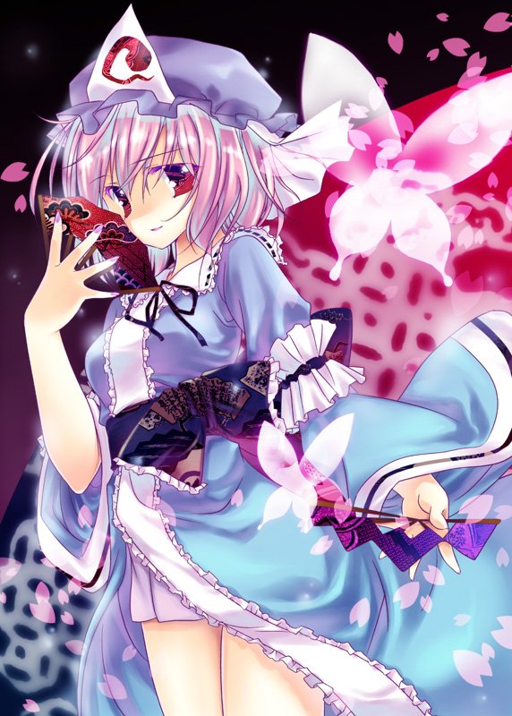 hinohino, saigyouji yuyuko, touhou, 1girl, animal, arm garter, bare legs, bug, butterfly, female focus, flying, folding fan, frills, hand fan, hat, holding, japanese clothes, kimono, long sleeves, looking at viewer, mob cap, sash, solo, standing, thighs, triangular headpiece