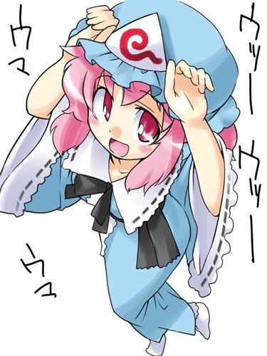 gengorou, saigyouji yuyuko, touhou, lowres, 1girl, blue hat, caramelldansen, female focus, hat, mob cap, simple background, solo