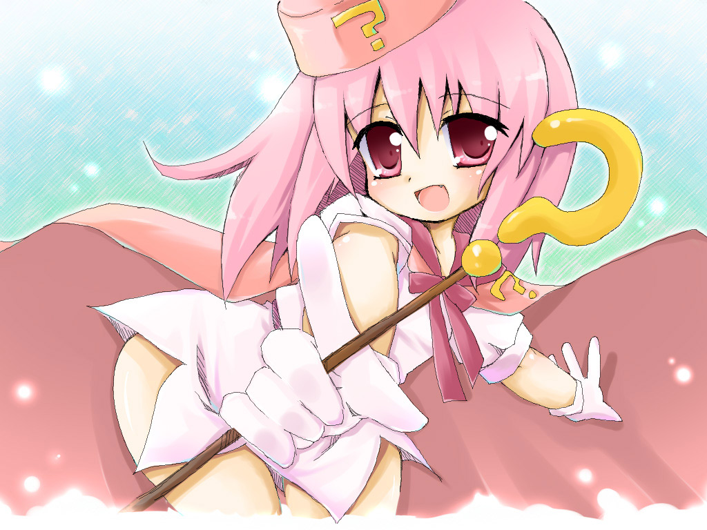 akino ochiba, hatena yousei, benesse, 1girl, ?, cape, fang, female focus, gloves, hat, pink hair, pink hat, solo, staff