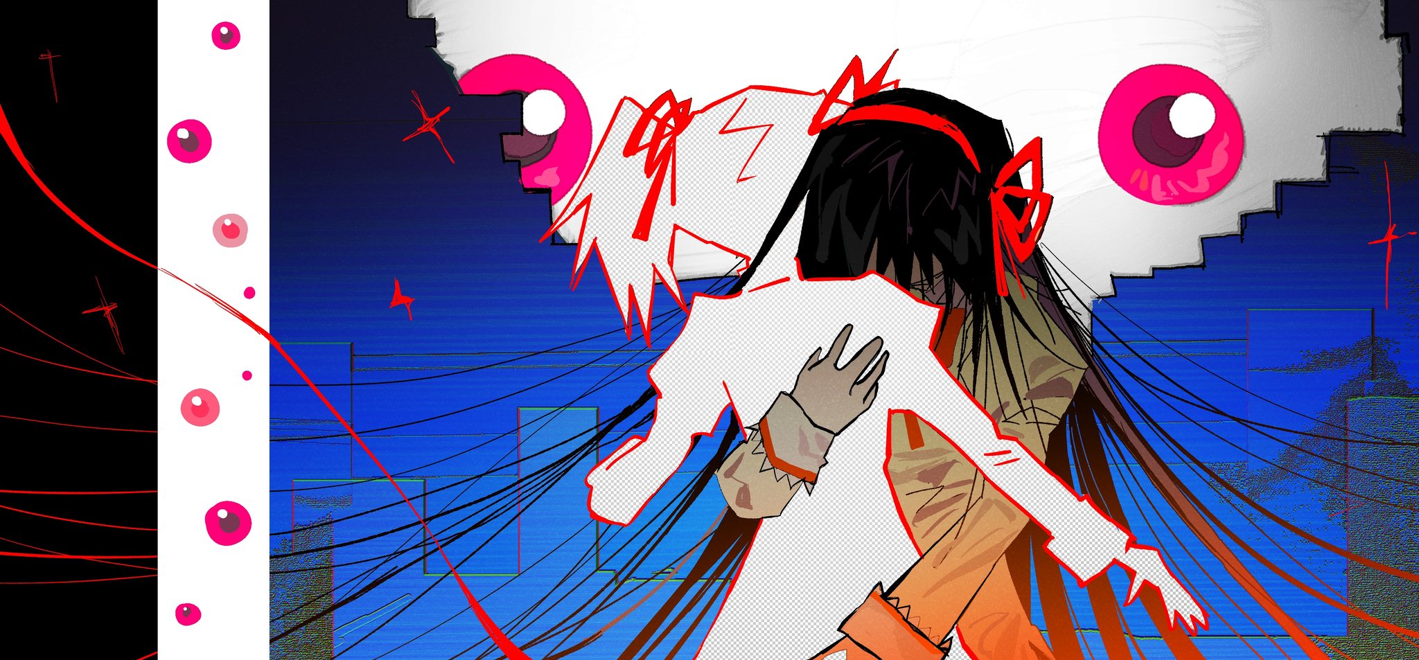 goguma wagamja, akemi homura, kaname madoka, kyubey, mahou shoujo madoka magica, highres, 2girls, abstract, black hair, blue background, border, bow, from side, hair ribbon, hairband, hug, jacket, juliet sleeves, long hair, long sleeves, mitakihara school uniform, multiple girls, pink hair, puffy sleeves, red hairband, red ribbon, ribbon, school uniform, short hair, short twintails, sparkle, surreal, twintails, upper body, very long hair, yellow jacket