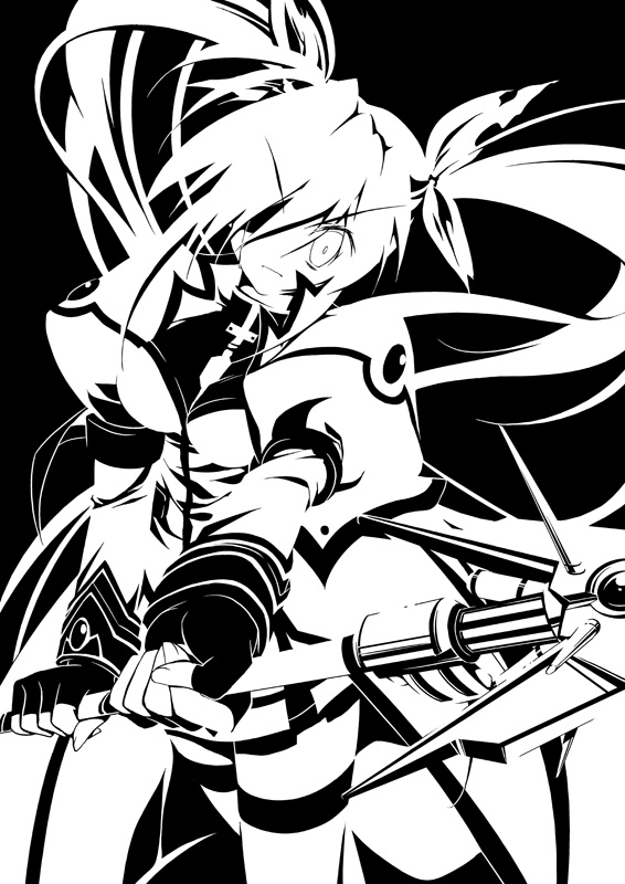 hinohino, raising heart, raising heart (exelion mode), takamachi nanoha, takamachi nanoha (aggressor mode), lyrical nanoha, mahou shoujo lyrical nanoha, mahou shoujo lyrical nanoha strikers, 00s, 1girl, female focus, fingerless gloves, gloves, greyscale, jacket, magazine (weapon), magical girl, monochrome, open clothes, open jacket, solo, thighhighs, twintails, waist cape, white devil