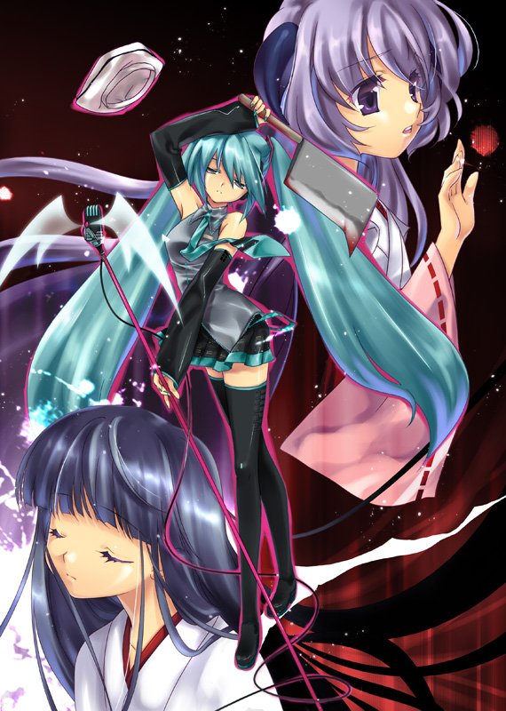 hinohino, furude rika, hanyuu, hatsune miku, higurashi no naku koro ni, vocaloid, 00s, 3girls, aqua hair, billhook, cleaver, crossover, hashitsuki nata, hatchet, legs, microphone, microphone stand, multiple girls, nata (tool), thighhighs, twintails