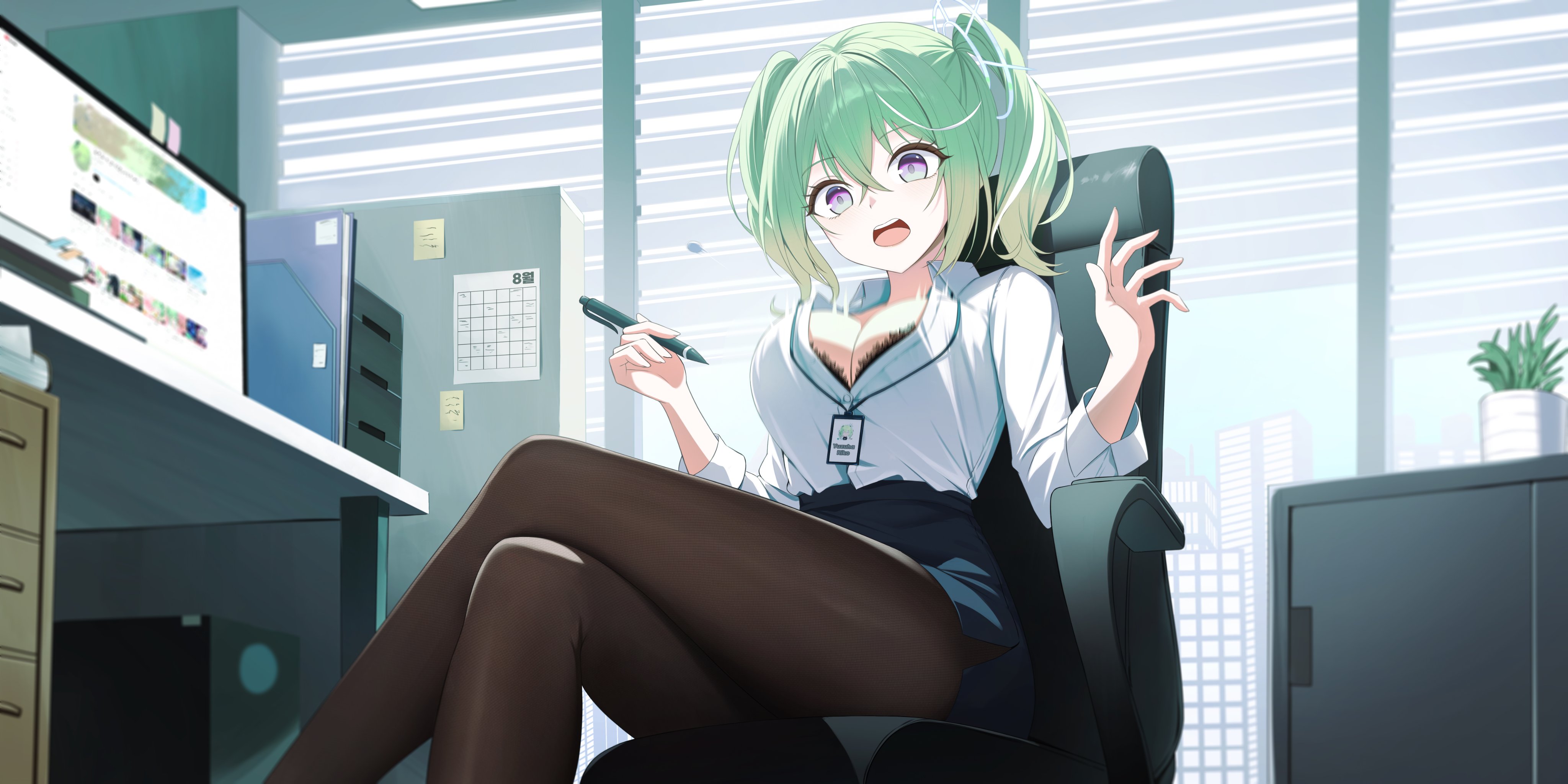 yt9676, yuzuha riko, stellive, absurdres, hashtag-only commentary, highres, 1girl, black bra, black pantyhose, blue skirt, bouncing breasts, bra, bra peek, breasts, bursting breasts, chair, cleavage, collared shirt, crossed bangs, crossed legs, desk, eyelashes, feet out of frame, flying button, green hair, hair between eyes, hands up, holding, holding pen, lanyard, large breasts, long sleeves, monitor, motion blur, motion lines, multicolored hair, office, office chair, office lady, on chair, open mouth, pantyhose, pen, pencil skirt, purple eyes, shirt, sitting, skirt, solo, streaked hair, surprised, swivel chair, twintails, underwear, virtual youtuber, wardrobe malfunction, white shirt, white streaks, window, window blinds, wing collar