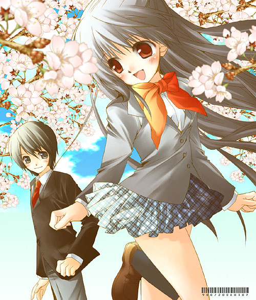 akiyama natsumi, original, bad id, bad pixiv id, tagme, cherry blossoms, plaid clothes, plaid skirt, school uniform, serafuku, skirt
