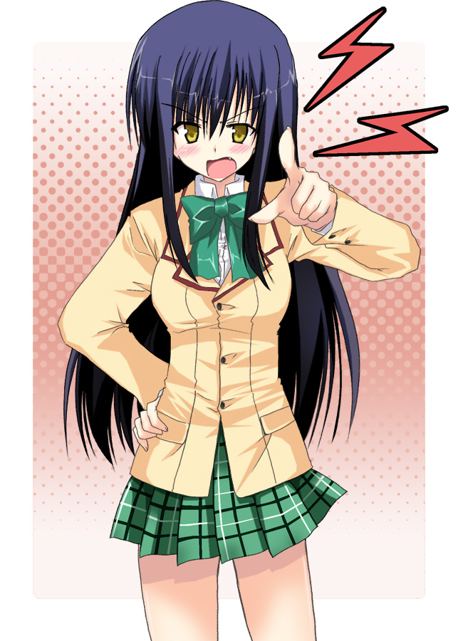 akane souichi, kotegawa yui, to love-ru, 00s, 1girl, black hair, blush, female focus, long hair, plaid clothes, plaid skirt, school uniform, serafuku, skirt, solo, yellow eyes