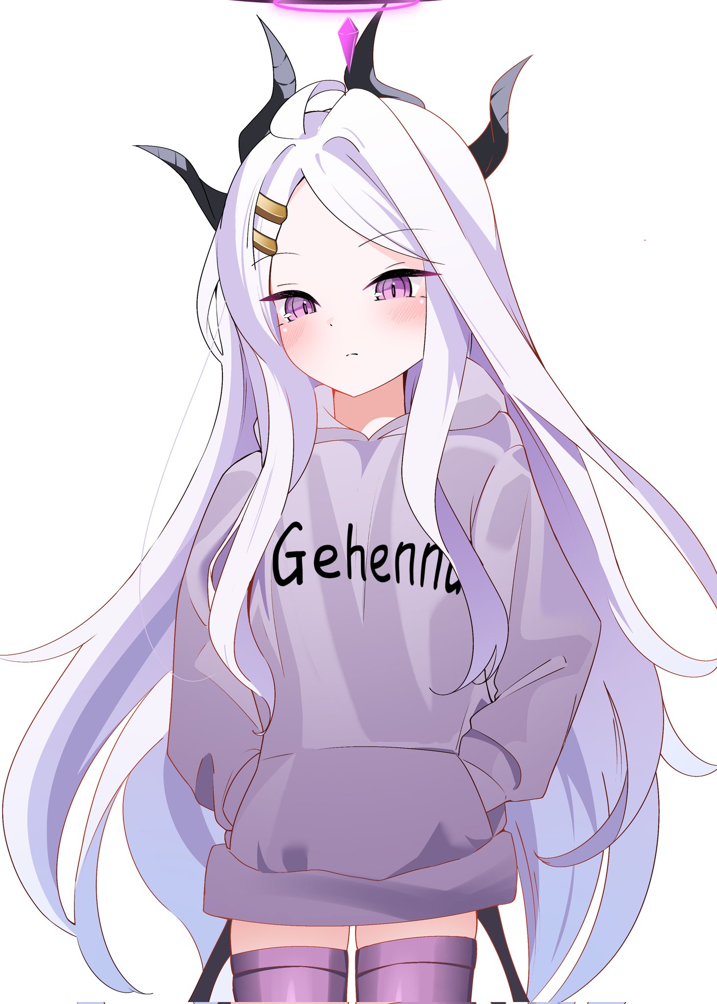 rakkusu (user nxue3445), hina (blue archive), blue archive, commentary request, highres, 1girl, ahoge, black halo, demon girl, demon horns, demon wings, flat chest, halo, horns, long hair, looking at viewer, purple eyes, simple background, solo, standing, very long hair, white background, white hair, wings