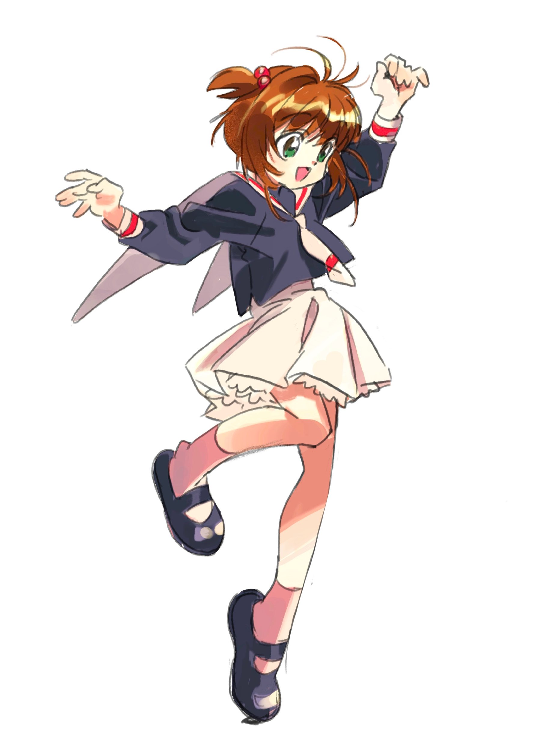 nozaki atsuko, kinomoto sakura, cardcaptor sakura, absurdres, highres, 1girl, antenna hair, black shirt, black shoes, brown hair, frilled skirt, frills, full body, hair intakes, hand up, long sleeves, medium hair, pink socks, shirt, shoes, simple background, skirt, smile, socks, solo, white background, white skirt