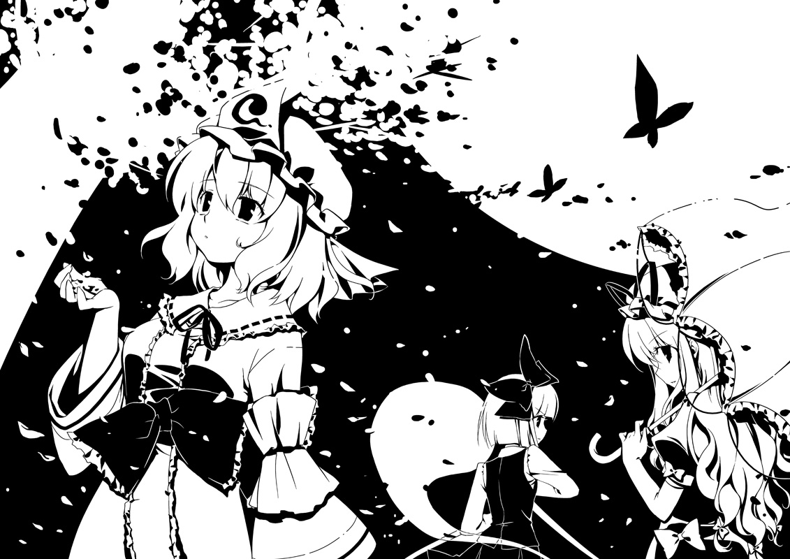 hinohino, konpaku youmu, konpaku youmu (ghost), saigyouji yuyuko, yakumo yukari, touhou, 3girls, arm garter, dress, female focus, frills, from behind, ghost, greyscale, hairband, hitodama, long sleeves, monochrome, multiple girls, short hair, skirt, triangular headpiece, upper body, vest