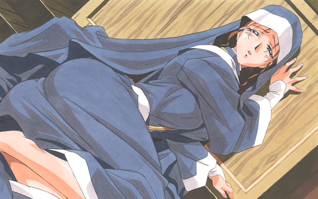 kimura takahiro, harlem blade, non-web source, official art, 1girl, ass, black shoes, brown hair, dutch angle, half-closed eyes, long sleeves, looking at viewer, nun, on floor, shoes, sitting, solo, traditional nun, wimple, yokozuwari