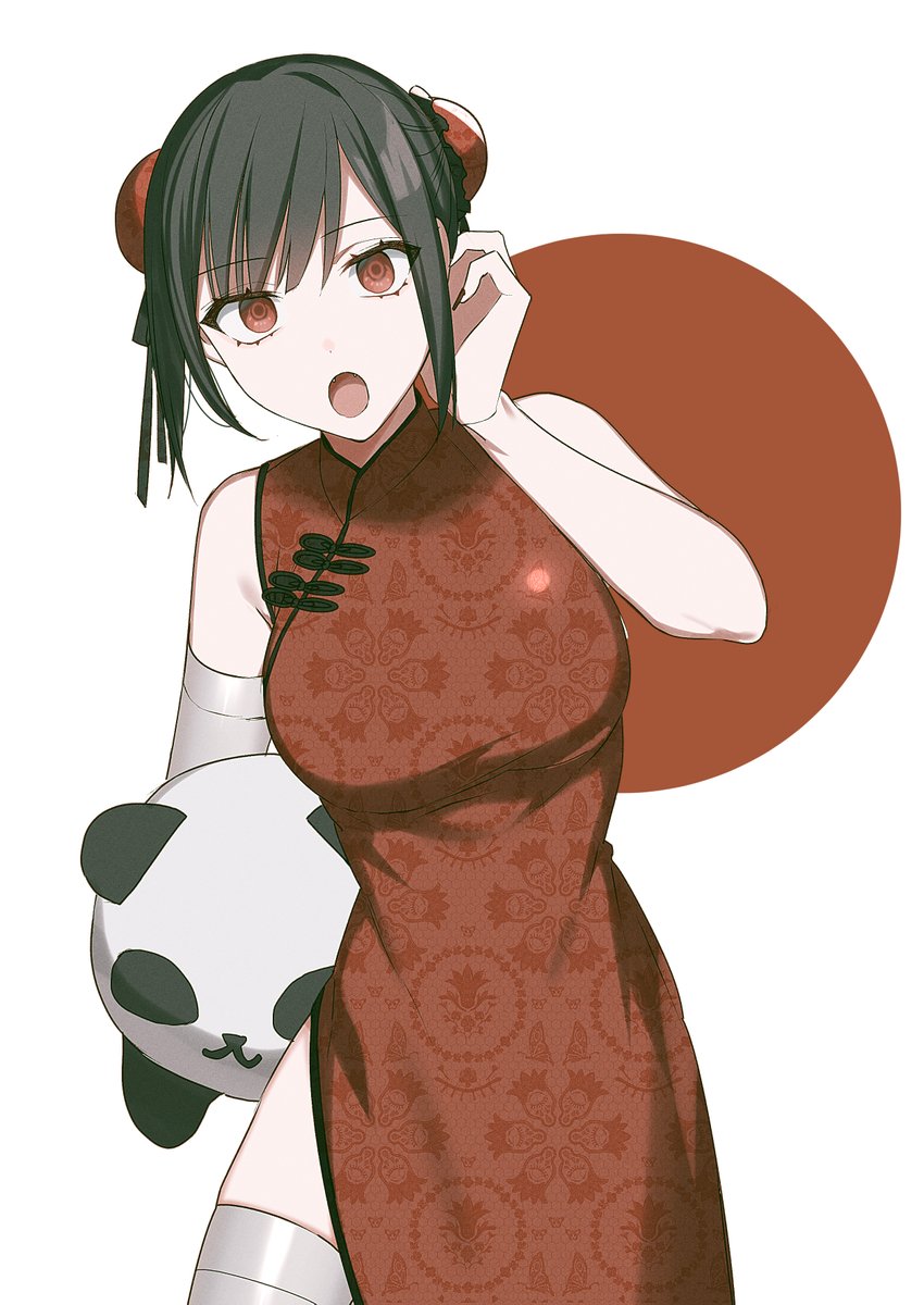 ryon (ryonhei), chihara mai, jirai nan desu ka? chihara-san, commentary request, highres, second-party source, 1girl, adjusting hair, bare shoulders, black hair, bun cover, china dress, chinese clothes, cowboy shot, double bun, dress, hair bun, holding, holding stuffed toy, looking at viewer, open mouth, red background, red dress, red eyes, sidelocks, single bare arm, sleeveless, sleeveless dress, solo, standing, stuffed animal, stuffed panda, stuffed toy, thighhighs, two-tone background, unmoving pattern, white background, white thighhighs