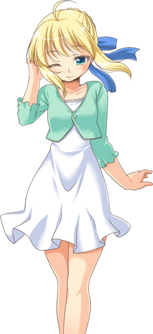 manjiduka, artoria pendragon (fate), saber (fate), fate/stay night, fate (series), 00s, ahoge, alternate costume, blonde hair, blush, casual, green eyes, hair ribbon, one eye closed, ribbon, solo, wink