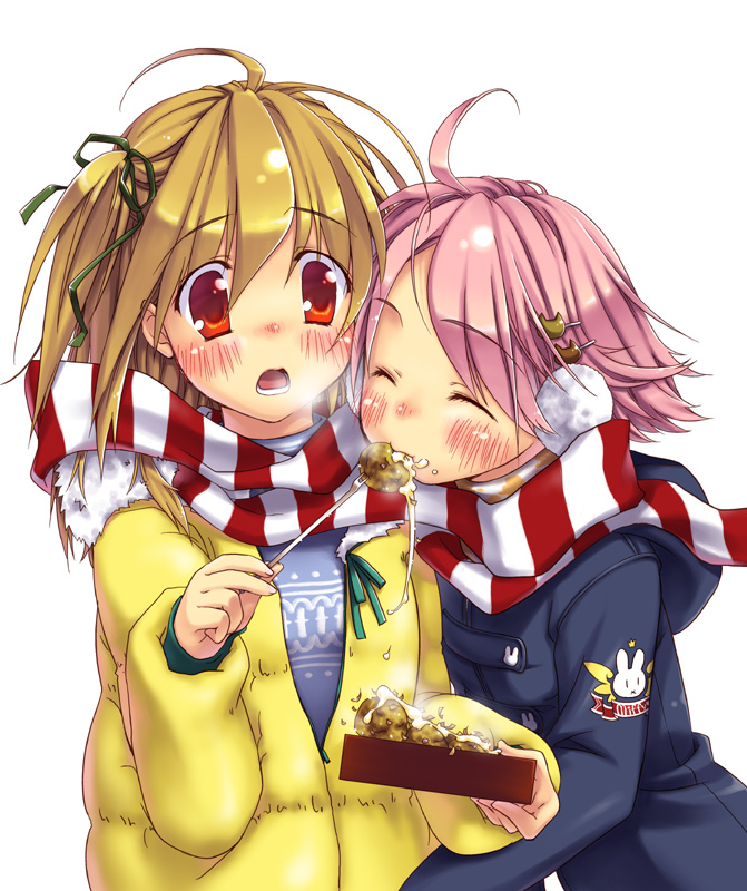 hinohino, original, 2girls, ahoge, blonde hair, blush, cat hair ornament, closed eyes, eating, food, hair ornament, hair ribbon, multiple girls, one side up, pink hair, red eyes, ribbon, scarf, shared clothes, shared scarf, simple background, striped clothes, striped scarf, takoyaki, upper body, white background