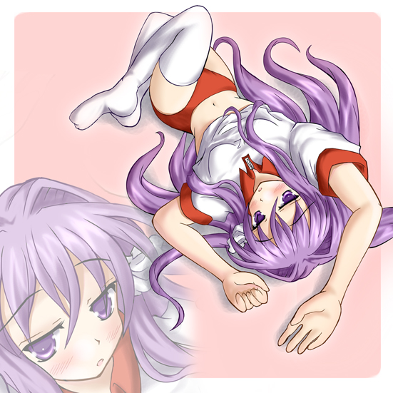 hiiragi tomoka, fujibayashi kyou, clannad, 00s, 1girl, blush, buruma, female focus, gym uniform, long hair, lying, midriff, navel, on back, purple eyes, purple hair, solo, thighhighs, underwear, white thighhighs