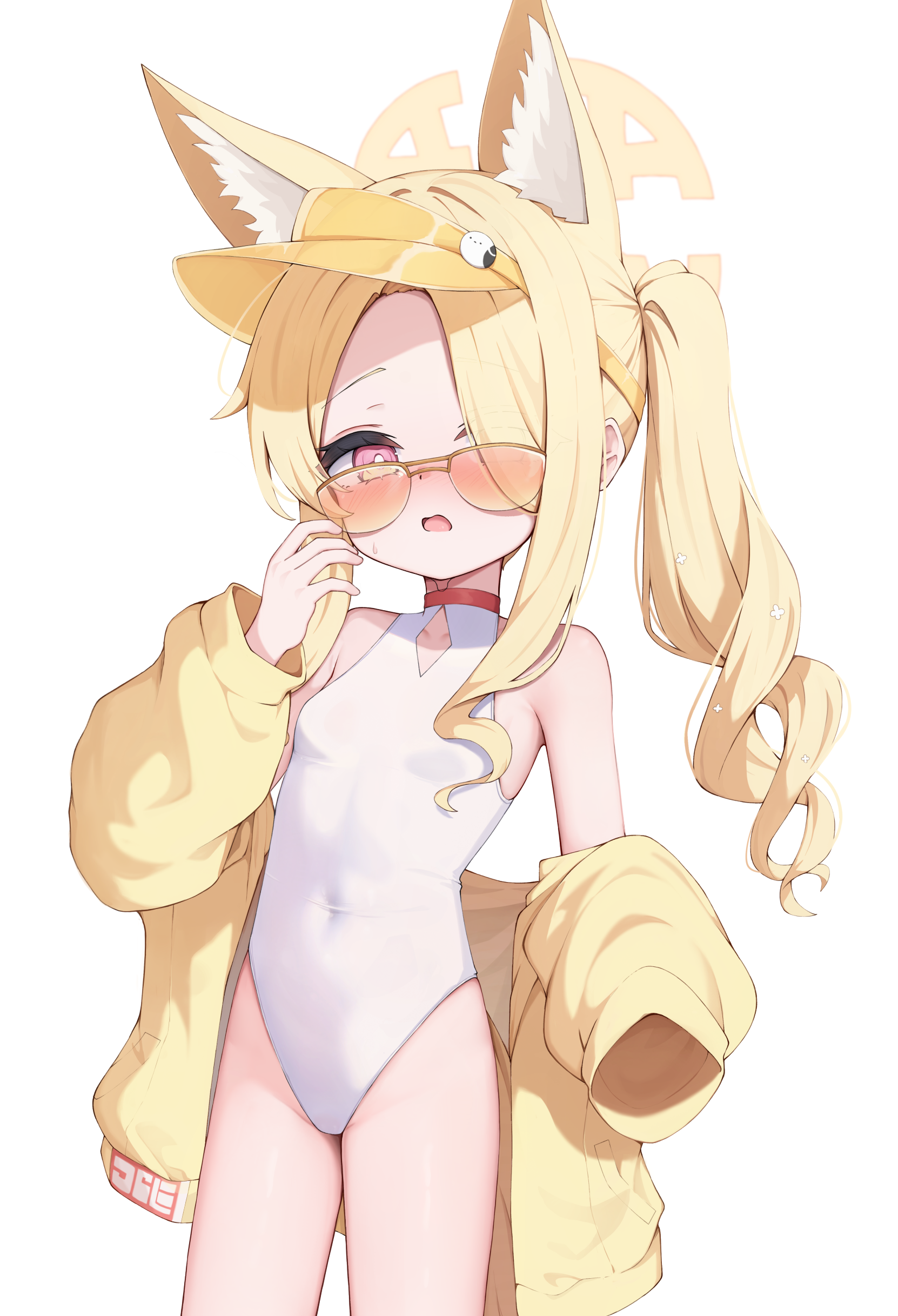 nanochie, seia (blue archive), seia (swimsuit) (blue archive), blue archive, absurdres, commentary, highres, paid reward available, 1girl, above-cleavage cutout, animal ear fluff, animal ears, bare shoulders, blonde hair, blush, breasts, clothing cutout, covered collarbone, covered navel, cowboy shot, cross halo, diamond cutout, fox ears, fox girl, glasses, gradient eyes, hair over one eye, halo, highleg, highleg one-piece swimsuit, jacket, jacket partially removed, leotard, long hair, looking at viewer, multicolored eyes, official alternate costume, official alternate hairstyle, one-piece swimsuit, open mouth, orange-tinted eyewear, pink eyes, side ponytail, simple background, sleeves past wrists, small breasts, solo, standing, sunglasses, sweatdrop, swimsuit, tinted eyewear, visor cap, white background, white one-piece swimsuit, yellow halo, yellow jacket, yellow visor