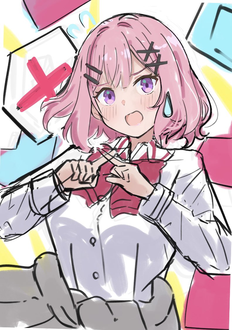 jellyman, amaori renako, watashi ga koibito ni nareru wake naijan murimuri!, hashtag-only commentary, 1girl, 2girls, ashigaya high school uniform, blush, bow, bowtie, hair ornament, hairclip, long hair, long sleeves, multiple girls, open mouth, parallel hairclips, pink hair, purple eyes, red bow, red bowtie, school uniform, shirt, short hair, solo, sweatdrop, white shirt, x fingers, x hair ornament