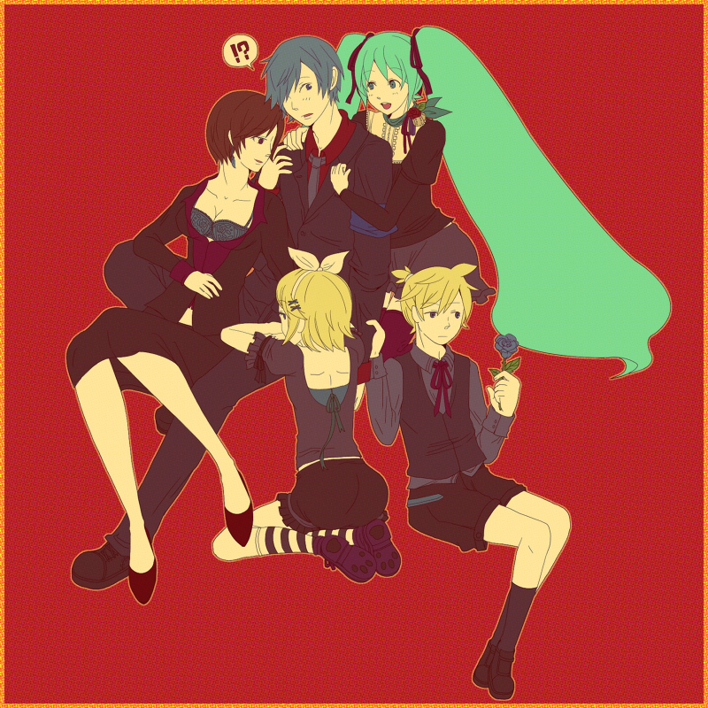 mame chiyo, hatsune miku, kagamine len, kagamine rin, kaito (vocaloid), meiko (vocaloid), vocaloid, 2boys, 3girls, bisexual male, brother and sister, everyone, green hair, harem, multiple boys, multiple girls, siblings, simple background, thighhighs, twins, twintails
