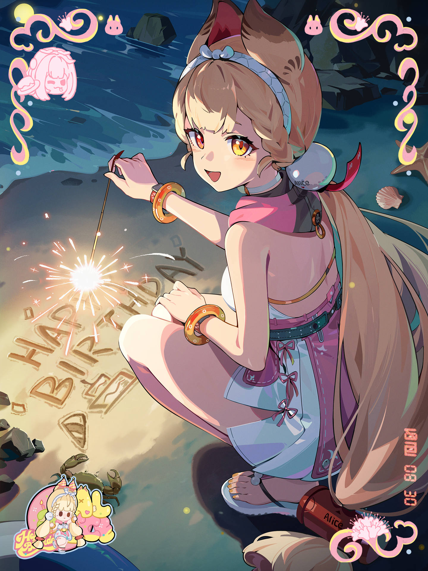 alice thymefield, alice thymefield (sea of thyme), ukinami yuzuha, zenless zone zero, artist request, commentary, english commentary, highres, official art, 2girls, :d, animal ears, beach, blonde hair, breasts, character name, choker, dated, hair ornament, happy birthday, long hair, looking at viewer, low twintails, multiple girls, ocean, official alternate costume, open mouth, rabbit ears, rabbit girl, red eyes, sand, sandals, seashell, shell, smile, solo focus, sphere hair ornament, twintails, yellow eyes