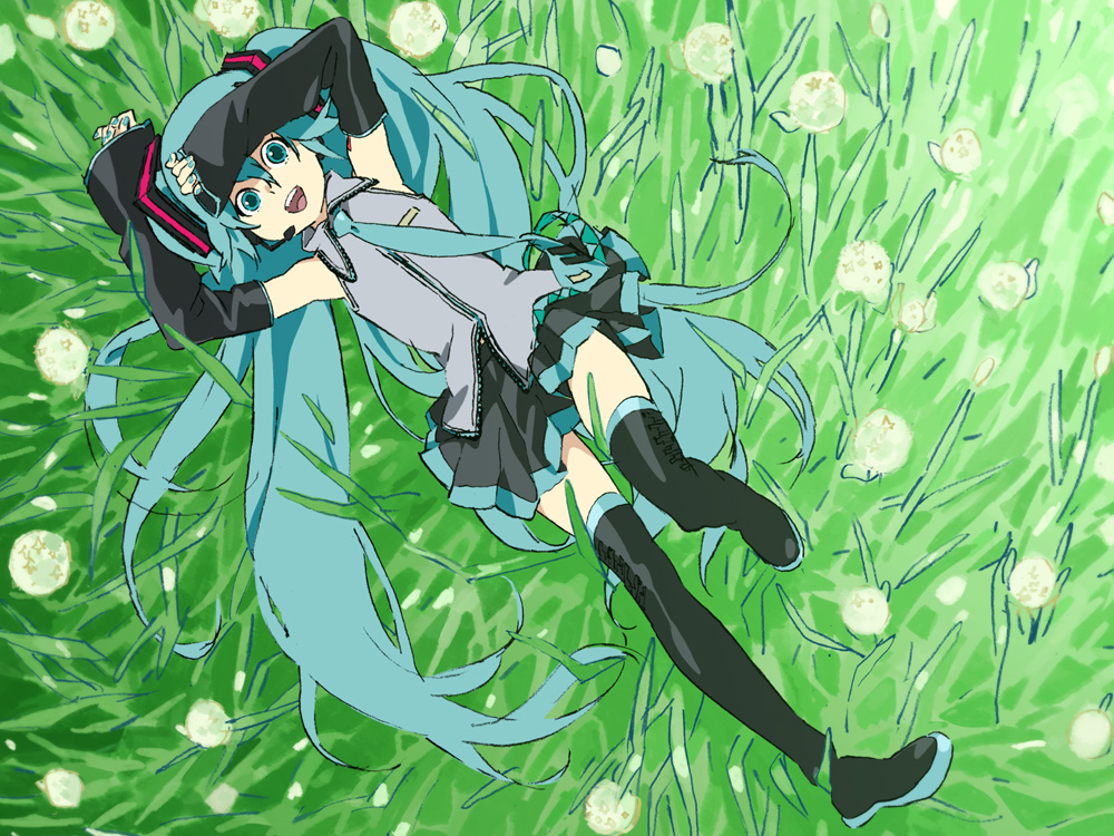 suzusan, hatsune miku, vocaloid, bad id, bad pixiv id, long hair, solo, thighhighs, twintails, very long hair, zettai ryouiki