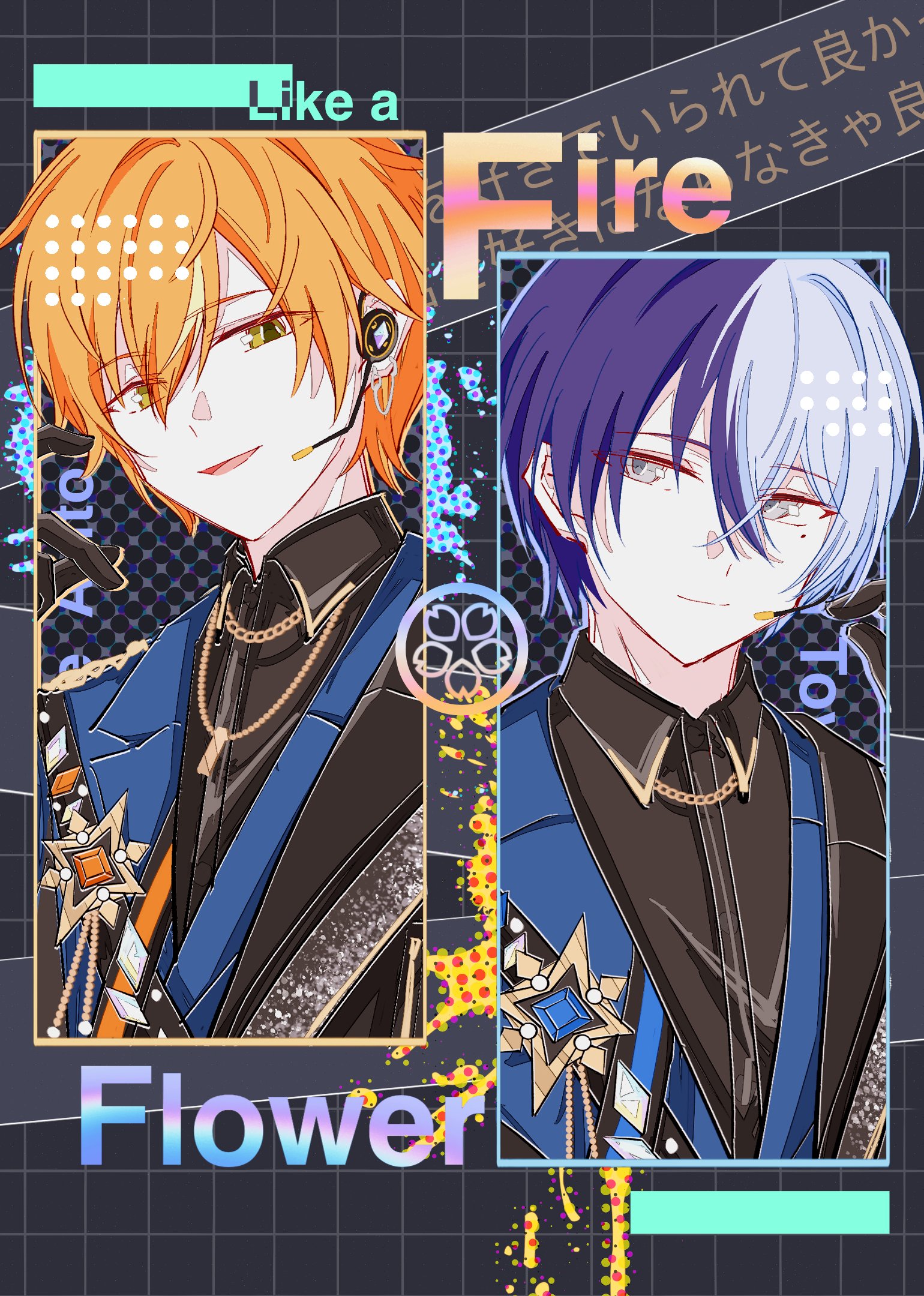 aoyagi touya, shinonome akito, fire flower (vocaloid), project sekai, hashtag-only commentary, highres, 2boys, aiguillette, blonde hair, blue hair, character name, closed mouth, collared shirt, english text, headset, male focus, mole, mole under eye, multicolored hair, multiple boys, official alternate costume, open mouth, orange hair, otesic (otesic1336761), shirt, sideways glance, split-color hair, split mouth, streaked hair, two-tone hair