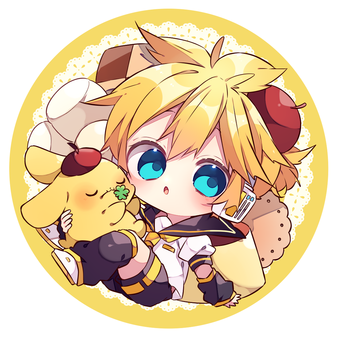 kaho 0102, kagamine len, pompompurin, sanrio, vocaloid, commentary request, 1boy, :o, arm warmers, beret, black sailor collar, black shorts, blonde hair, blue eyes, blush, border, brown hat, checkerboard cookie, chibi, chibi only, cookie, double-parted bangs, food, full body, hat, headset, leg warmers, looking at viewer, male focus, necktie, open mouth, round border, sailor collar, shirt, shoes, short hair, short sleeves, shorts, solo, white border, white shirt, white shoes, yellow background, yellow necktie
