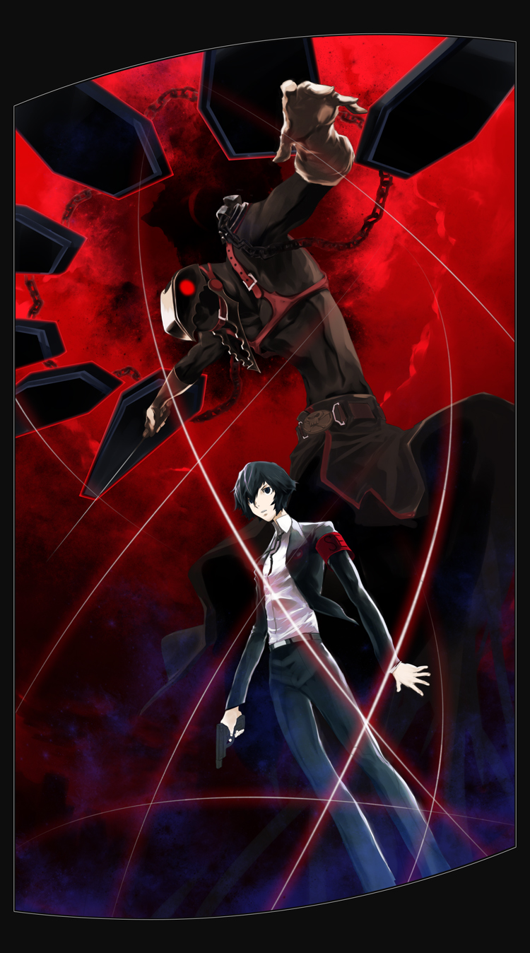 hedge (artist), thanatos (persona), yuuki makoto (persona 3), atlus, persona, persona 3, bad id, bad pixiv id, highres, 1boy, armband, chain, evoker, formal clothes, gun, male focus, necktie, standing, suit, weapon
