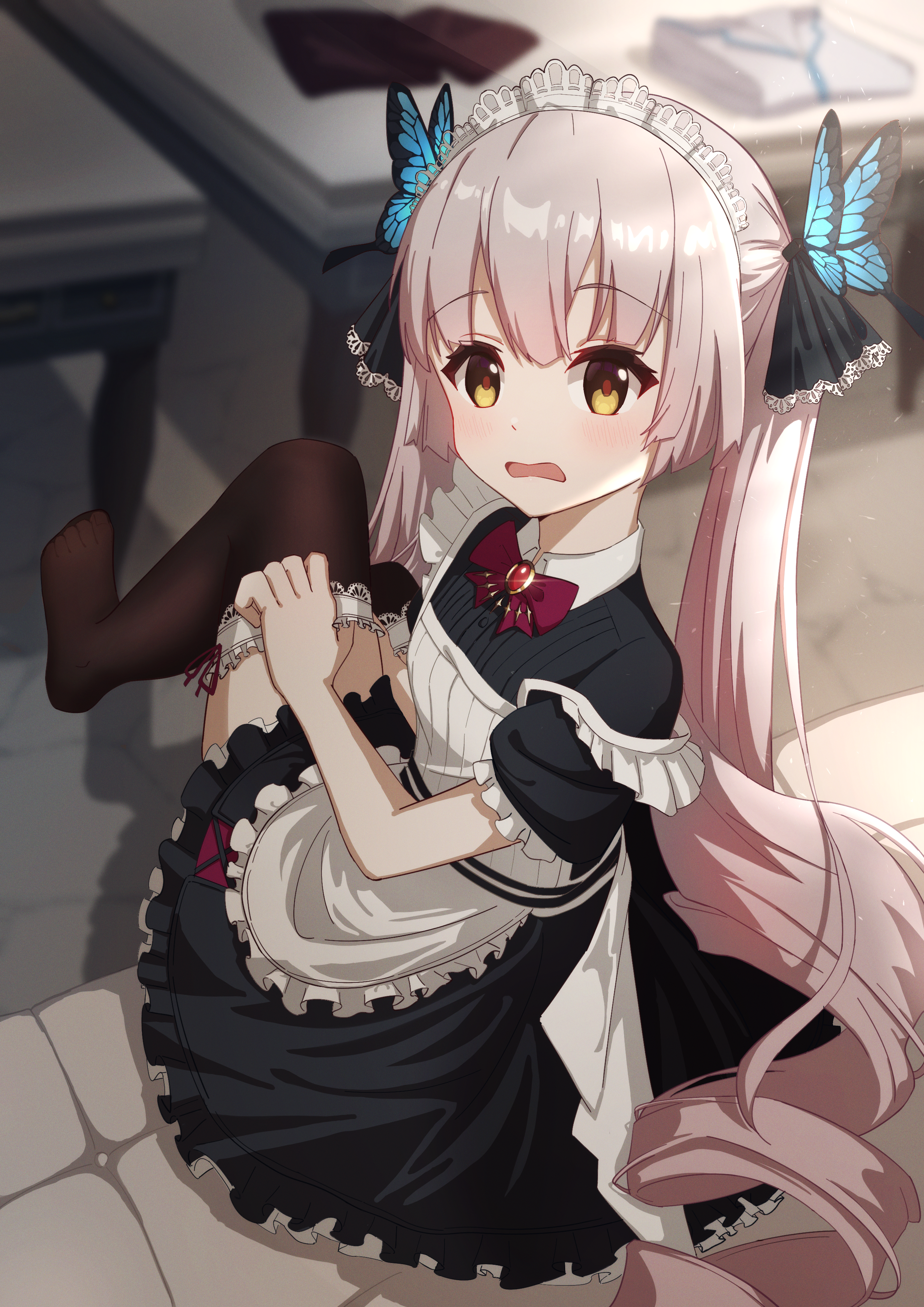 ogasawara hisame, heaven burns red, absurdres, highres, 1girl, alternate costume, apron, black thighhighs, blunt bangs, butterfly hair ornament, curvy, enmaided, frilled apron, frills, hair ornament, long hair, maid, maid apron, maid headdress, ribbon, shirt, skirt, solo, thighhighs, twintails, waist apron, white apron, white hair, white shirt, xia ying, yellow eyes